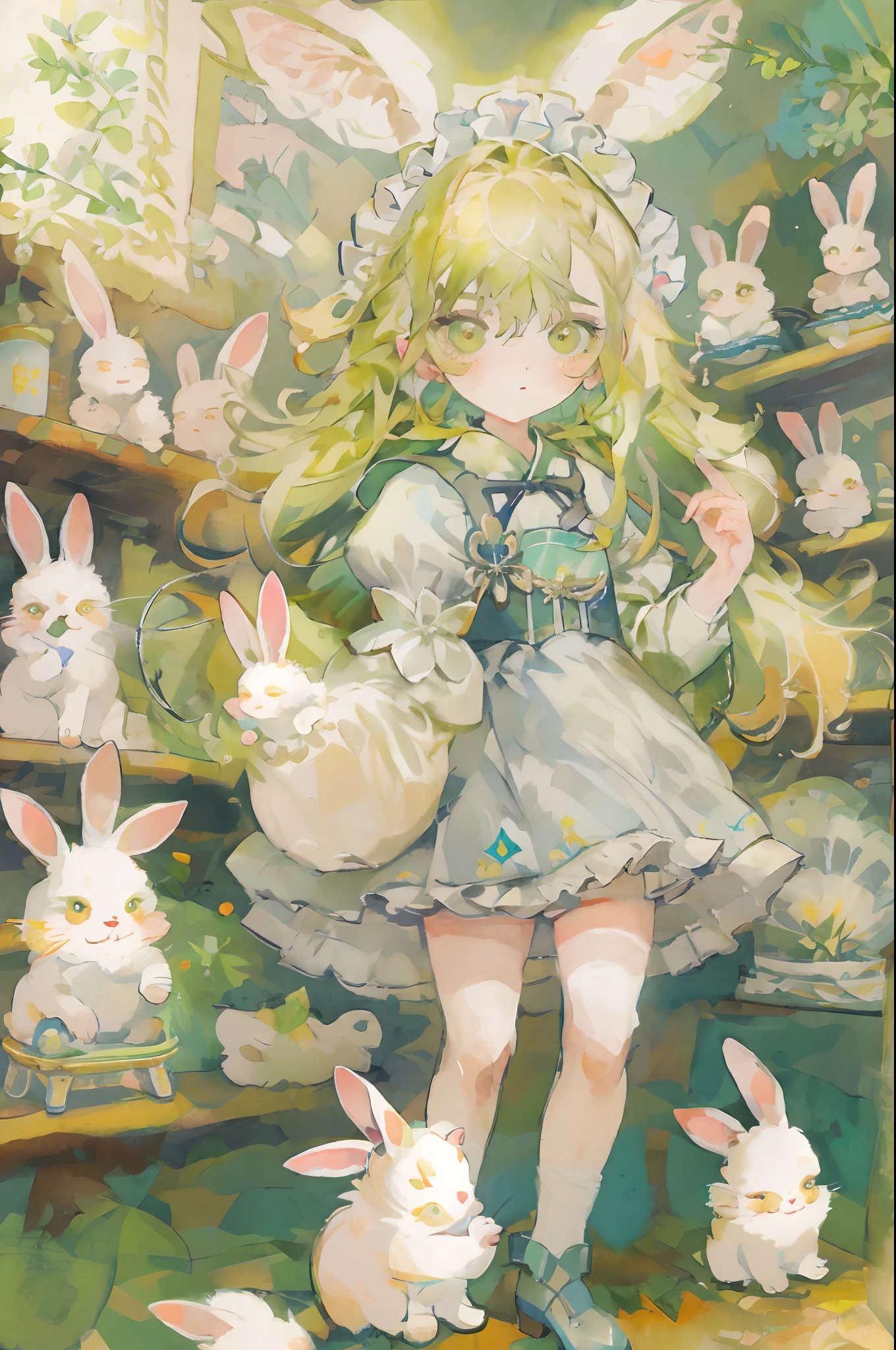 ​masterpiece, top-quality，She transforms into the image of a bunny girl，The illustration presents a very detailed cover art effect。The scene is depicted very delicately。She is dressed in a role-play costume in a maid costume，The whole gives a sense of innocence,This illustration creates a naïve scene，Featuring the image of a bunny girl,Embarrassing face,cheeks are reddened,wonderment,be shy,1 girl in,solo,softlighting，softfocus，blurry image，high lighting，Low contrast，The overall feel is like an oil painting,Yellow-green hair,yellow-green eyes,Medium Hair,is standing,a closeup,Twin-tailed,10 year old girl,Young features