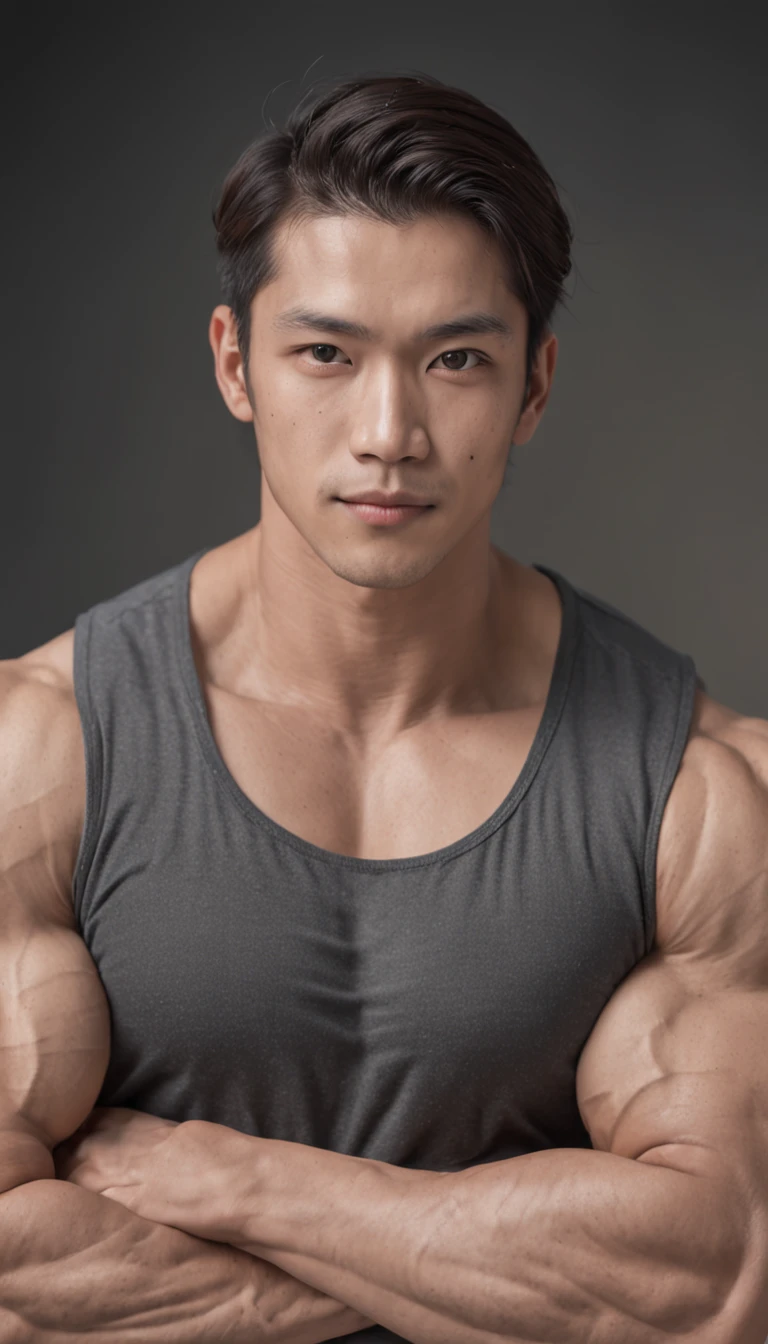Gymer hombre asiático con chaleco completo , músculo grande, altura 190 cm, hombro grande, músculo grande foot, (detalle del ojo dibujado), (realestic)