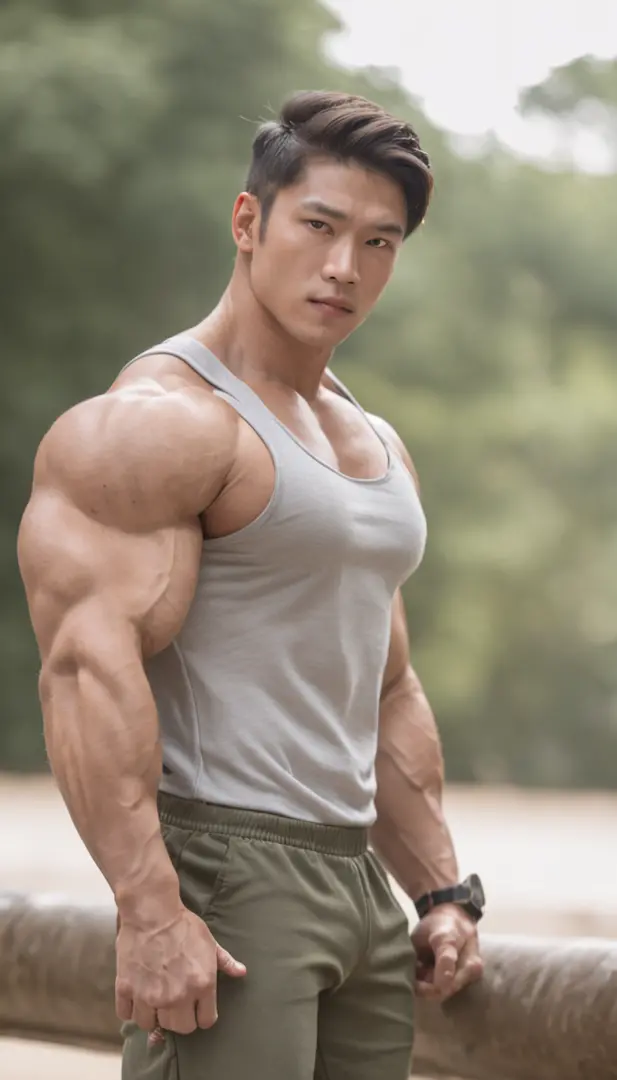 Asia man gymer wearing full vest , big muscle, height 190 cm, big shoulder, big muscle foot, (draww eye detail), (realestic)