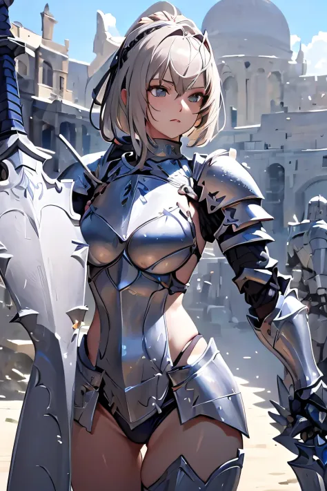 a close up of a woman in armor holding a sword, armor girl, bikini armor female knight, Bikini Armor, bikini-armor, Gorgeous Fem...