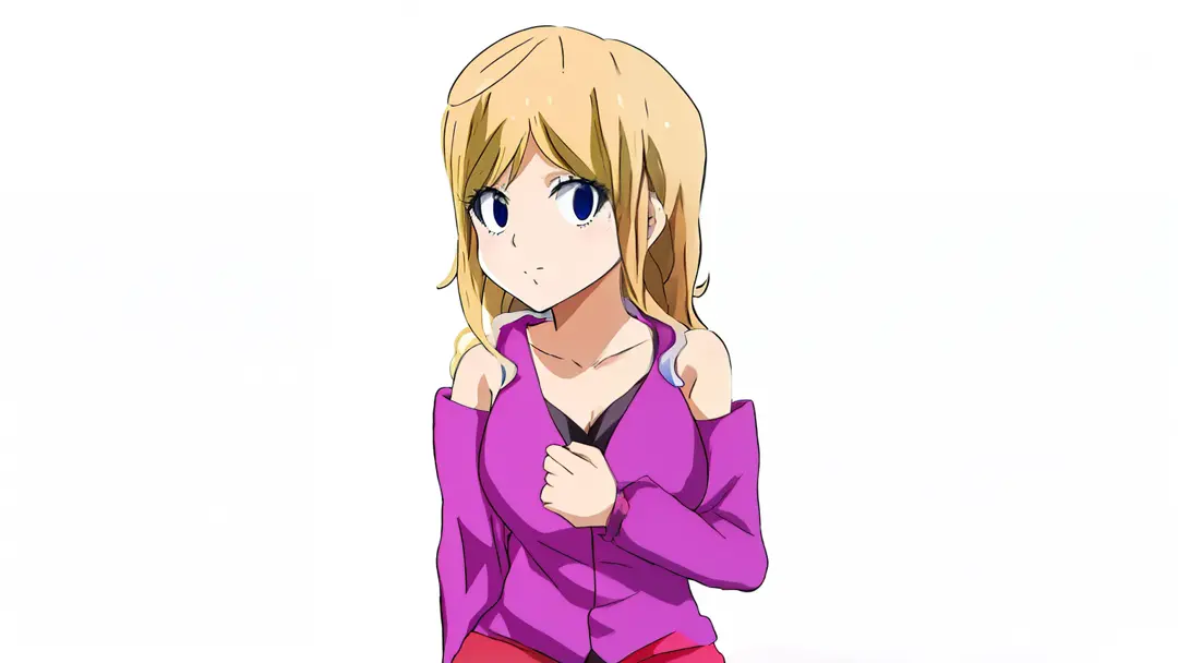 Menina anime com cabelo loiro e olhos azuis em uma camisa roxa, personagem estilo anime, em estilo anime, em estilo anime, Menina do anime chamada Lucy, cel - estilo de arte sombreado, inspirado no INO, retrato estilo anime, como um personagem de anime, [[...
