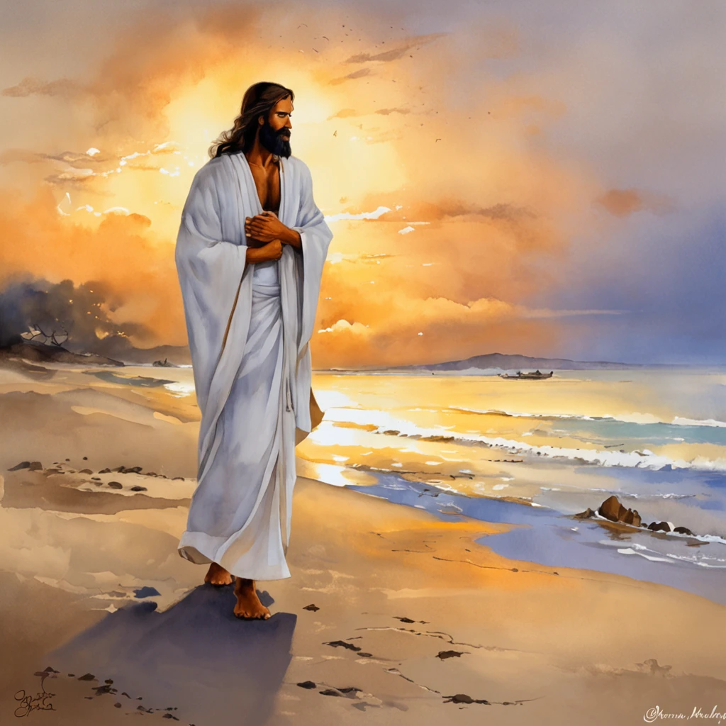 Jesus Christ standing on the beach, olhando para o horizonte do mar. He wears a white tunic with a golden band at the waist. His face has an expression of peace and wisdom. The wind swings her long light brown hair. At his side is one of his disciples, olhando admirado para Jesus. The disciple has dark hair and beard. Both are barefoot on the soft sand. The sky at dusk is in orange and purplish hues. The sea is calm with gentle waves. The water reflects the light of the sunset in golden tones. The scene conveys tranquility and connection with nature. It is photographed with soft focus, cores vibrantes e profundidade., Thick fog on the ground, Luz azul no horizonte, Motor Unreal 5, cinemactic, Low-angle photography, motion blur, profundidade de campo, dust, Cobblestones and dirt. Arte Splash, pingando tinta. Perfect color classification. influenciado por karel Appel e jeremy mann, Full of dramatic and threatening scenes, hiper-detalhado, Beautiful, detalhes insanos, detalhes intrincados, fotografia editorial, Fotografado com uma lente de 50mm, profundidade de campo, Tilt Blur, velocidade do obturador 1/1000, F/22. Mapas de luz, super brilhante