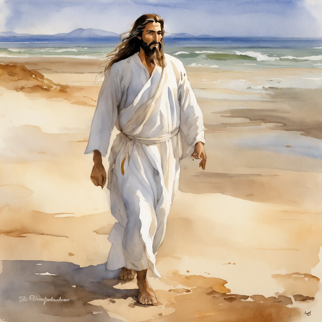 Jesus Christ standing on the beach, olhando para o horizonte do mar. He wears a white tunic with a golden band at the waist. His face has an expression of peace and wisdom. The wind swings her long light brown hair. At his side is one of his disciples, olhando admirado para Jesus. The disciple has dark hair and beard. Both are barefoot on the soft sand. The sky at dusk is in orange and purplish hues. The sea is calm with gentle waves. The water reflects the light of the sunset in golden tones. The scene conveys tranquility and connection with nature. It is photographed with soft focus, cores vibrantes e profundidade., Thick fog on the ground, Luz azul no horizonte, Motor Unreal 5, cinemactic, Low-angle photography, motion blur, profundidade de campo, dust, Cobblestones and dirt. Arte Splash, pingando tinta. Perfect color classification. influenciado por karel Appel e jeremy mann, Full of dramatic and threatening scenes, hiper-detalhado, Beautiful, detalhes insanos, detalhes intrincados, fotografia editorial, Fotografado com uma lente de 50mm, profundidade de campo, Tilt Blur, velocidade do obturador 1/1000, F/22. Mapas de luz, super brilhante