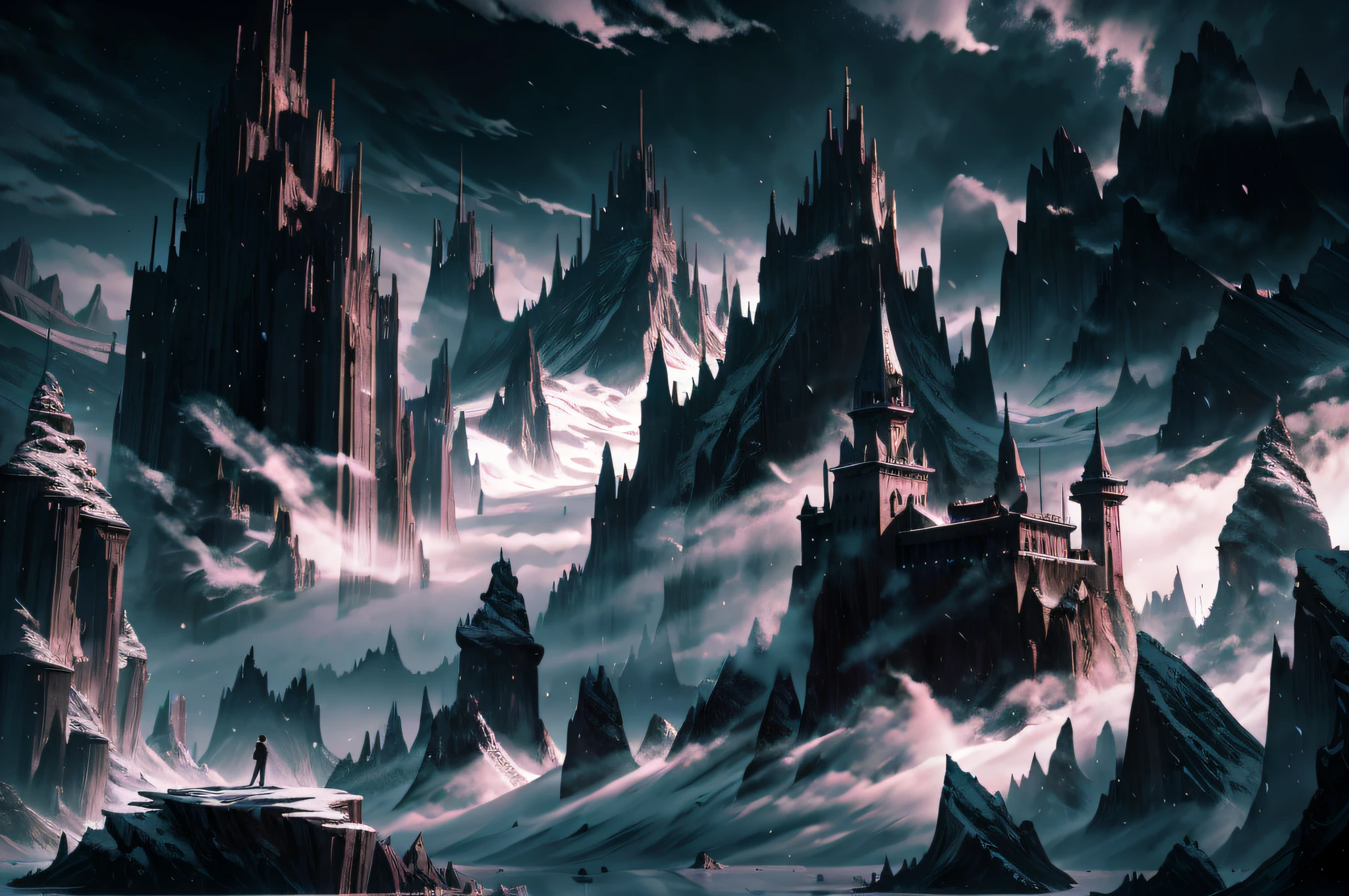 （Very detailed CG unity 8K wallpaper），（Best quality at best），Black tones，The background of the ink painting style is a distant mountain that is hazy and empty，The character is centered，A young man，Black flowing cloak，The character is small in the lower right corner，Fog surrounds
