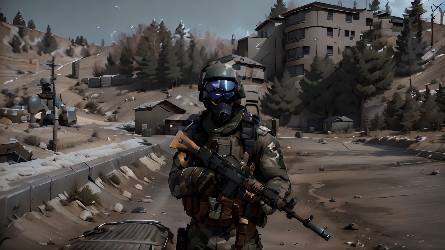 On the street stood one dressed in camouflage、Man in goggles, in game, in game graphic, military base, in - game, in-game, Military outpost, rugged soldier, futuristic soldier, spec ops mask, realistic soldiers, sci-fi soldier, realistic military equipment, 3rd person shooter, fps game, french special ops, soldier outfit