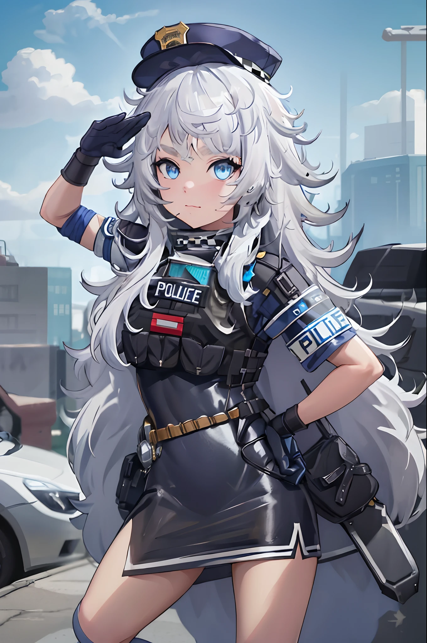 masterpiece, best quality, highres, 1girl, solo, long hair, hat, blue eyes, white hair, messy hair, black gloves, white socks, police uniform, black skirt, short sleeves, cowboy shot, salute, hand on hip,