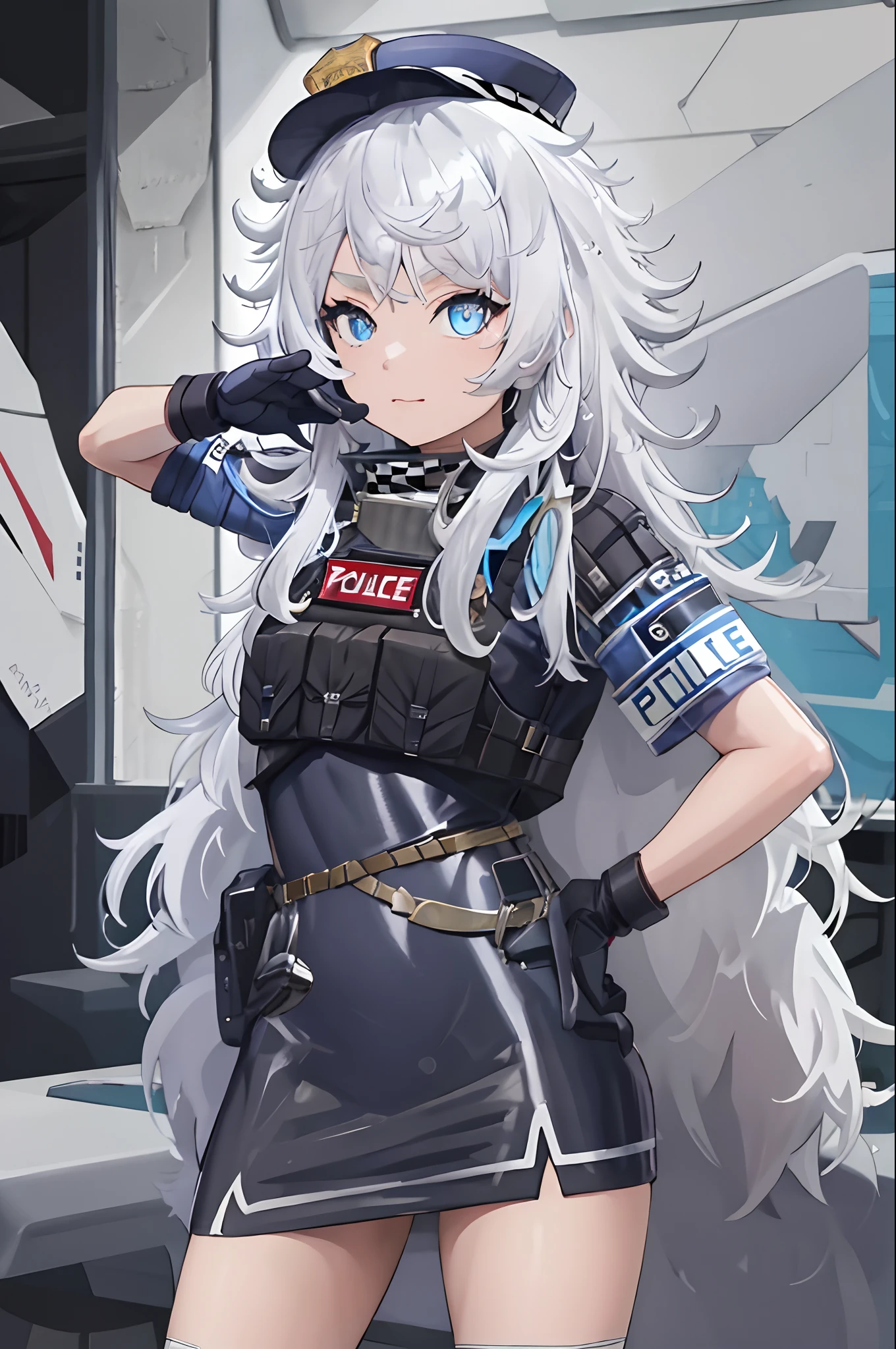 masterpiece, best quality, highres, 1girl, solo, long hair, hat, blue eyes, white hair, messy hair, black gloves, white socks, police uniform, black skirt, short sleeves, cowboy shot, salute, hand on hip,