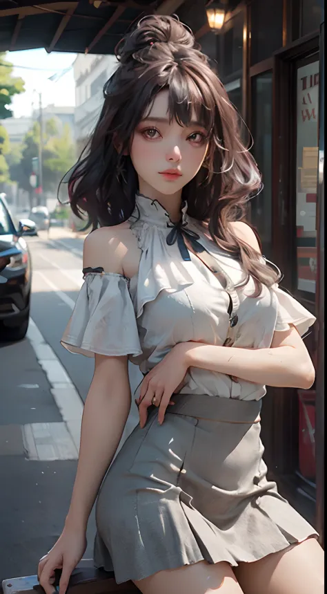 a beauty girl、A detailed face、Russian、A sexy、silber hair、curly silver hair、off shoulders、frilled blouse、a miniskirt、a beauty gir...