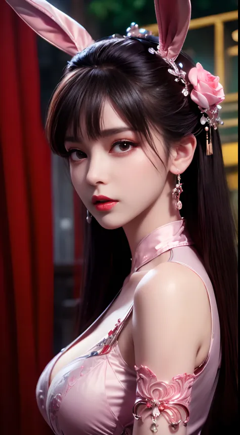 1 beautiful girl in beautiful Hanfu, Thin red silk shirt，With many yellow patterns, Black lace top, Light pink rabbit ears, Long...
