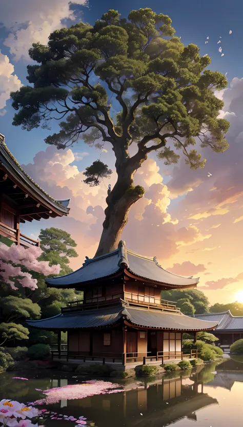 Huge tree，florals，rios，Huge watermill , [(White background:1.5)::5], Medium Shot Shot, butterflys,Petals floating in water,steins,Cloud,setting sun,Dusk,House under the tree，Japanese-style architecture
