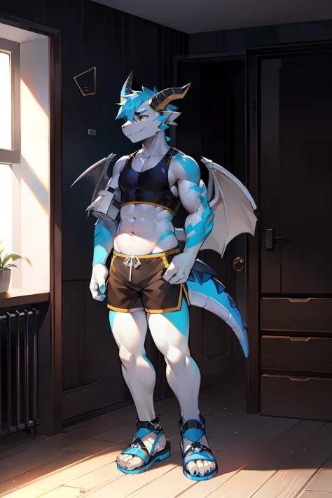 robo dragon，deep blacks，White belly，Blue back，White wings，yellow tanktop，Black  shorts，sandals，Standing on the wooden floor of the apartment。