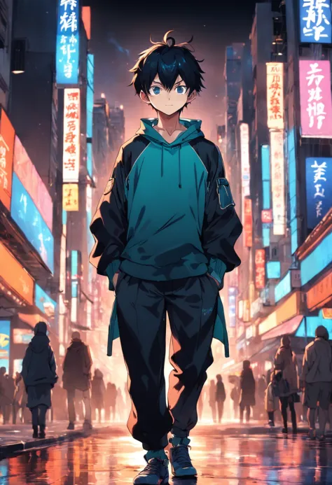 A boy, transformed into an anime style, with exaggerated unique facial features and clothing, standing on a bustling city street...