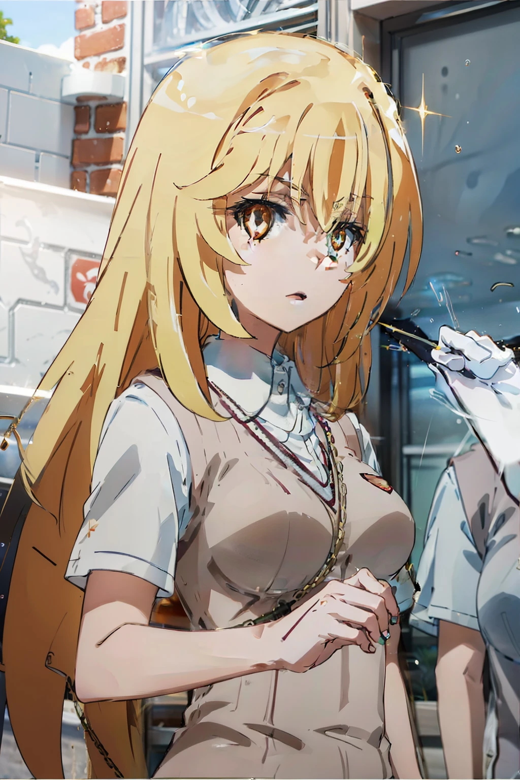 shokuhou_misaki,upper body,+_+,symbol-shaped_pupils,blonde_hair,sparkling_eyes, school_uniform,short_sleeves,looking at viewer,