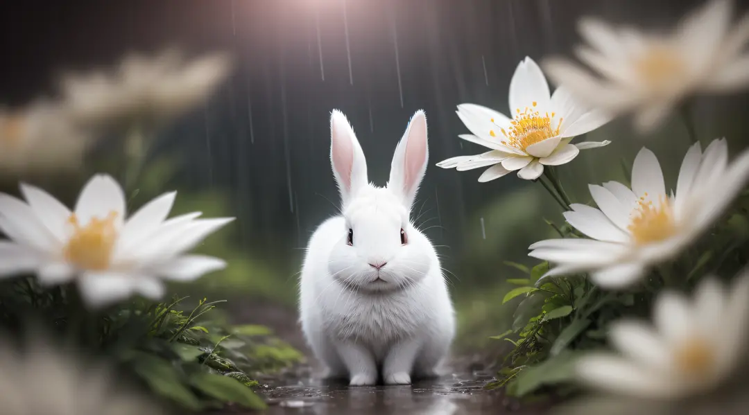 （Rained），rained，Close-up photo of a white rabbit in the Enchanted Forest，deep in the night，In the forest，Contre-Jour，volume fog，Halo，blooms，Dramatic atmosphere，at centre，the rule of thirds，200 mm 1.4F macro shooting