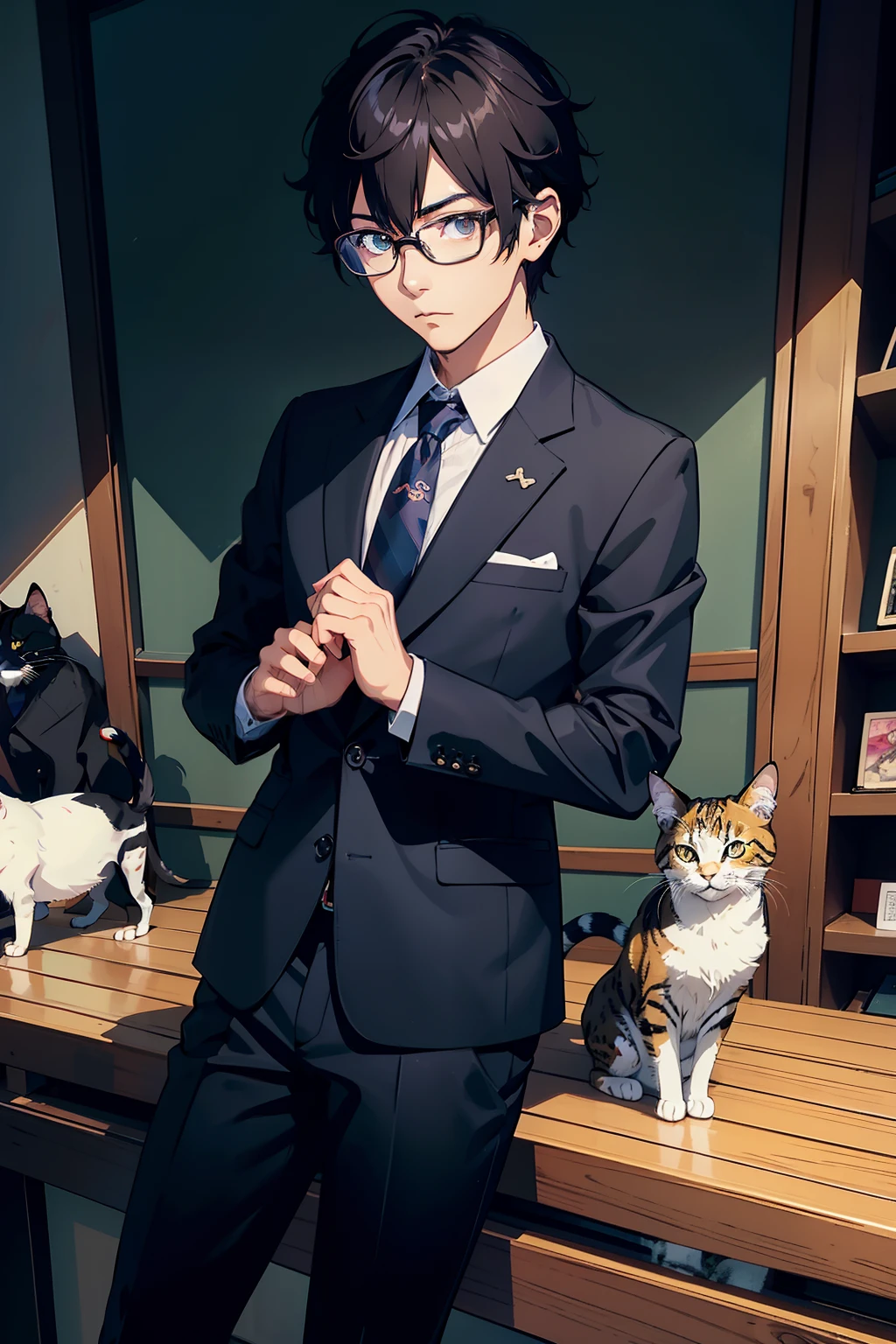 １，独奏、Soio、Anthropomorphic cat, youthfulness、Kizitora cat、Bipedal、smart、Glasses and pheasant cat, cat photo, looking heckin cool and stylish, Know the cat, Wearing a suit with glasses, funny cat, wearing a suit and glasses, awesome cat, serious business, a handsome, SFW, Cats, : 5 Stylish, portrait shot、line-drawing、animesque、2D,