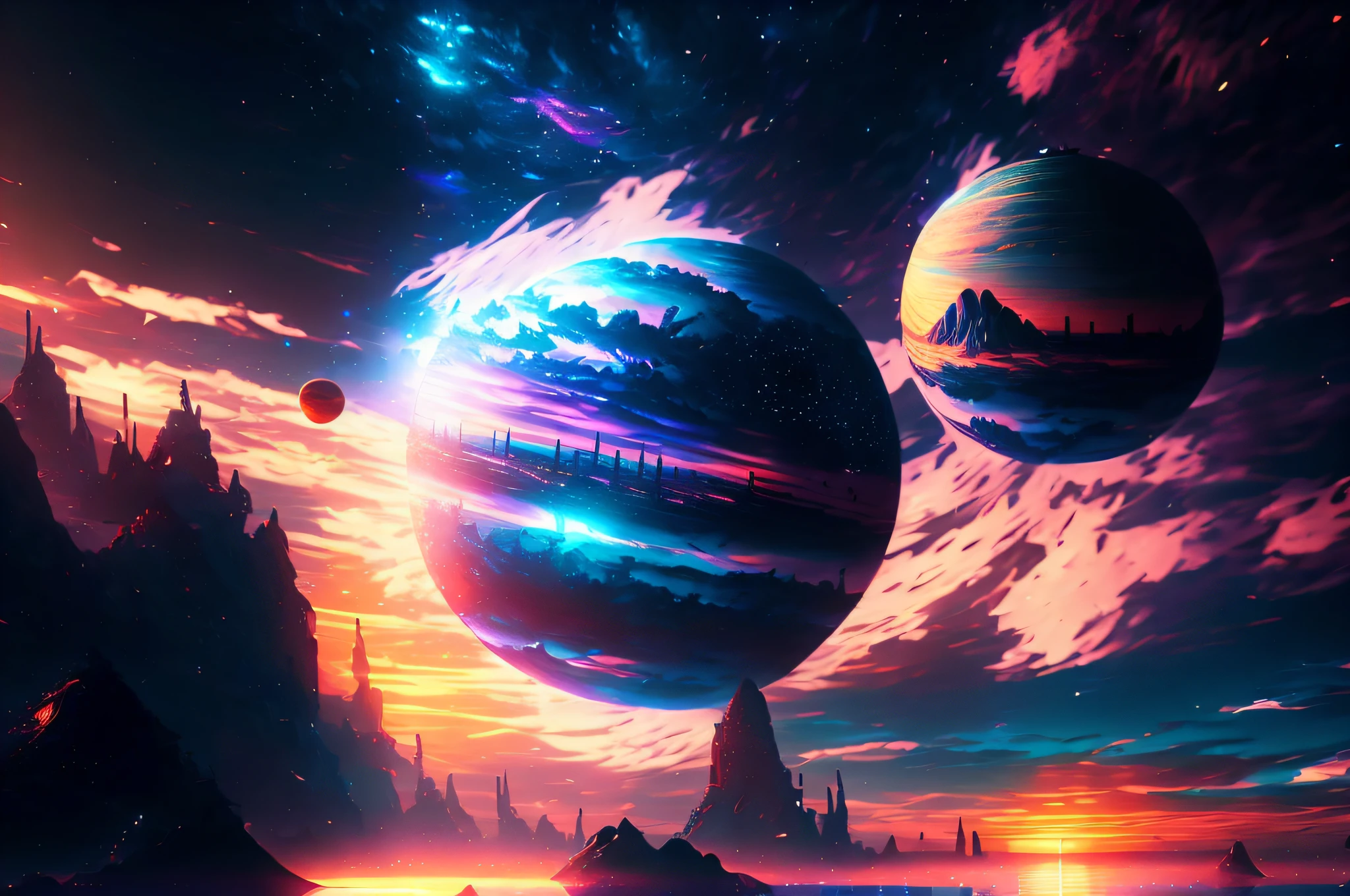 Anime - sunset with stars and planets，Cosmic sky style scene。author：Shinkai sincerely，sunset on distant machine planet，Magnificent background，Anime Sky，Anime art wallpaper 8k，Anime art wallpaper 8k，8K highly detailed digital art，Anime art wallpaper 8k，ross tran。scenery background， Anime background art， anime wallpaper， 8K ultra-high quality model, Ethereal background, Abstract beauty, Explosive volume, particulate， Complicated details，((Cinematic light)), Colorful, Hyper-detailing,