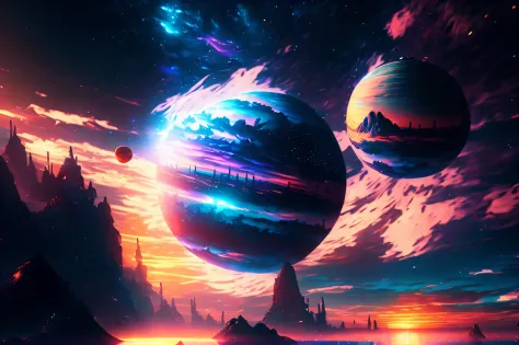 Anime - sunset with stars and planets，Cosmic sky style scene。author：Shinkai sincerely，sunset on distant machine planet，Magnificent background，Anime Sky，Anime art wallpaper 8k，Anime art wallpaper 8k，8K highly detailed digital art，Anime art wallpaper 8k，ross...
