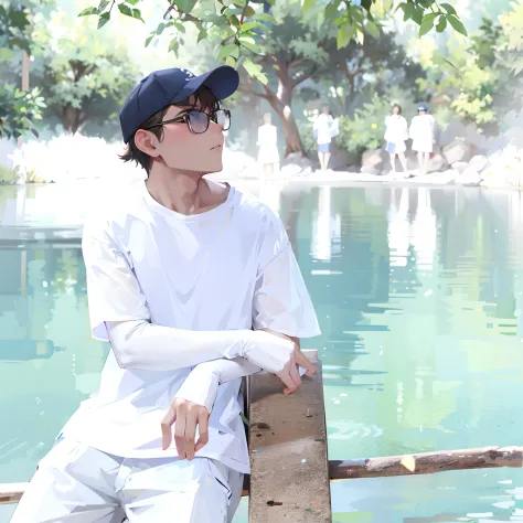 There was a man sitting on a bench by the water,Two-dimensional style，whitet-shirt