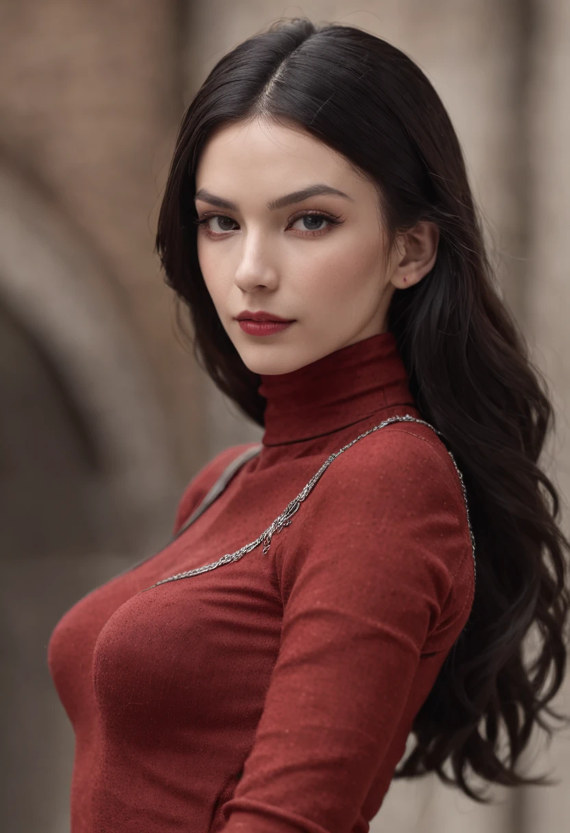 emilisia gomezi, tall, gorgeous, spanish descent, age 23, smooth skin, black hair. red color turtle neck, black fitting pants, simple silver cross necklace, working at the underground base, highly detailed, well lit,  8k, reviewing artifacts, holding a long whip. amazing detail,