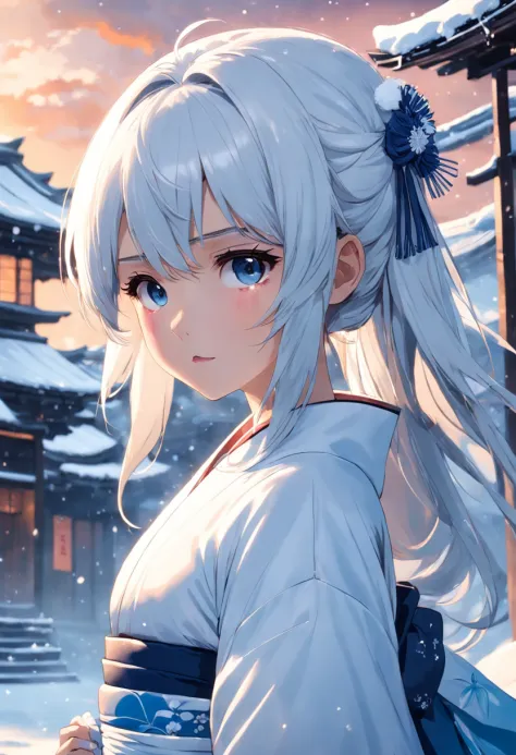 masterpiece, high end photography. ultra clean, high definition of girl wearing a white and blue kimono in the snow