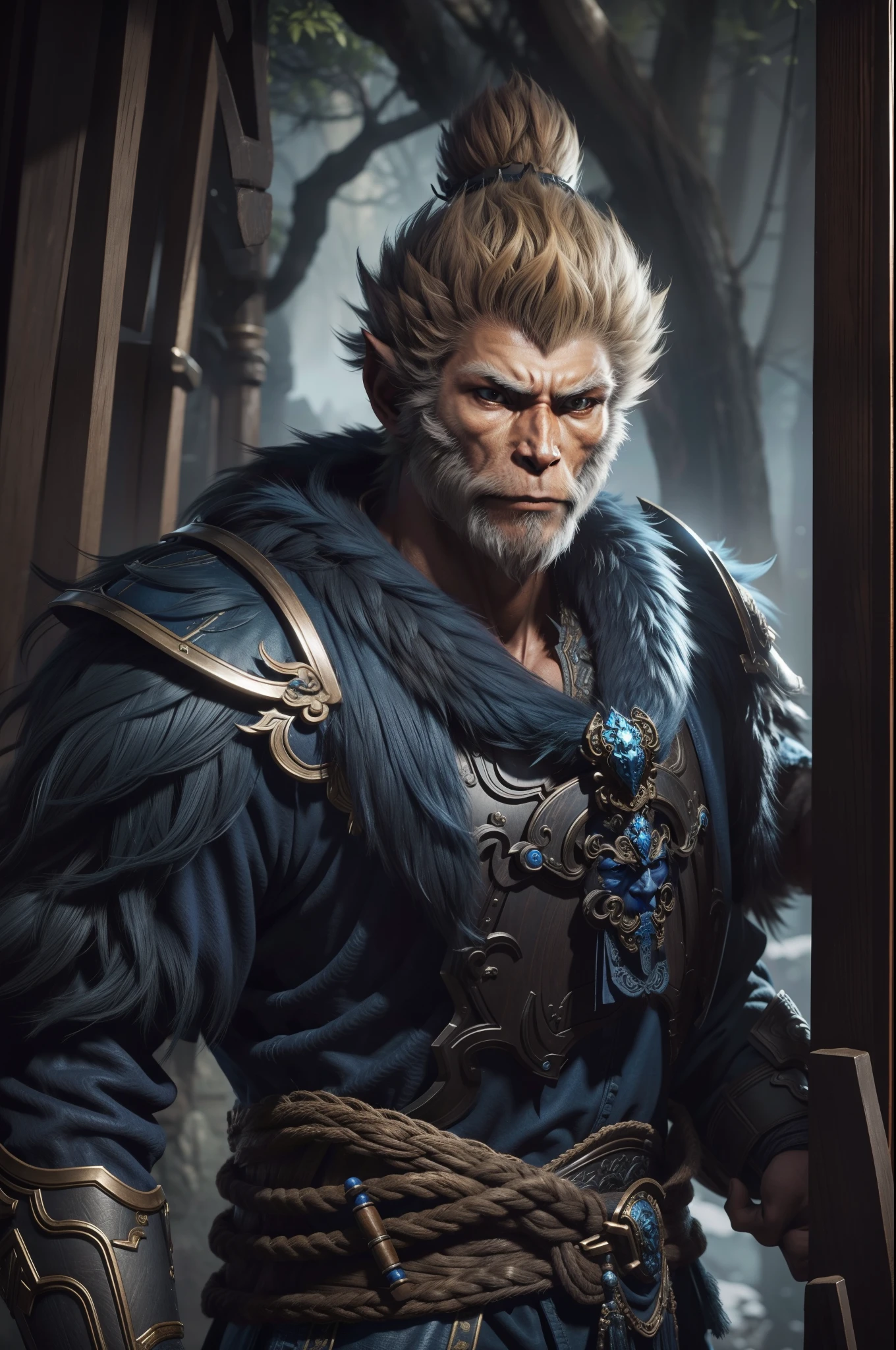 Wukong（black myth）， 1boys， 独奏， malefocus， A detailed eye， Shadowed face， fur chest，armour，blue clothes，sedan chair， unreal-engine，8K，super detailing，