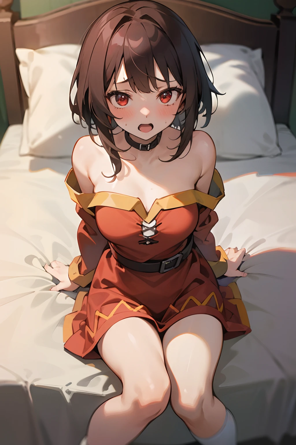 in love, masterpiece, 1girl, megumin's style,((sex)), female, 1boy,penis, moviment, rough, shocked, laying,(megumin),short_hair, (red_eyes),digtal art, blushing, shocked , missionay, bedroom, BREAK dick, bed, huge ,expressive eyes, lewd, puffy, innocent,global illumination, hdri, subsurface scattering, masterpiece, 4k, raytrace, beautiful, sharp, smooth skin, bloom, anime, perfect face, night BREAK (gentle, feminine, delicate)