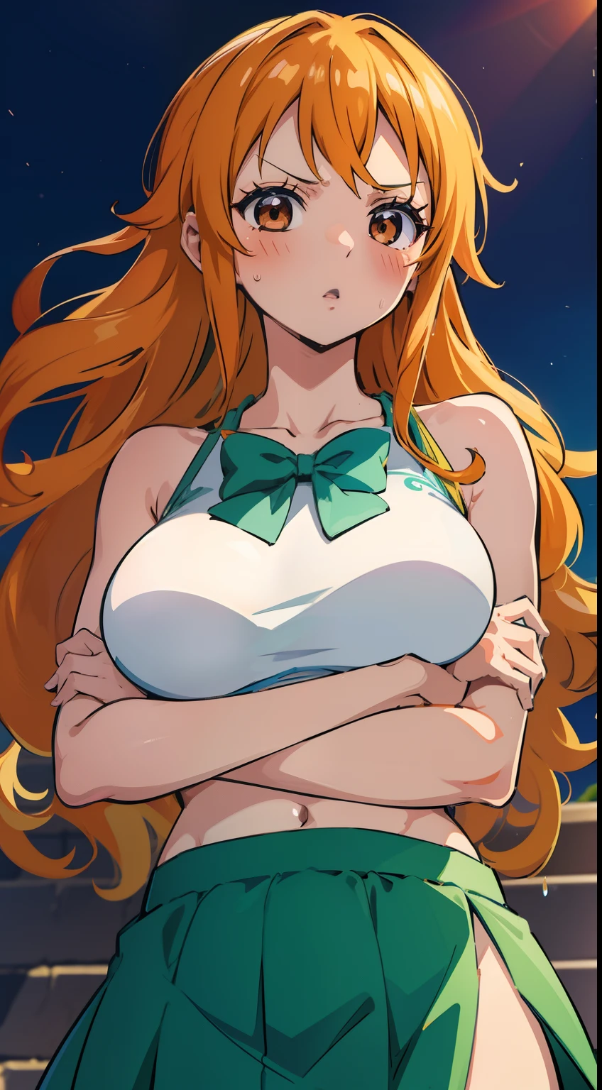 masterpiece, nami one piece, best quality, ultra-detailed, epic lighting, cinematic composition, anime coloring, 2d, anime, 1girl, solo, big breasts, hair orange, hair rings, wearing bra, green bow, bare shoulders, blue skirt, looking at viewer, :o, blush, crossed arms, from below, tavern (8k:1.1),nsfw, showing breast, brown eyes