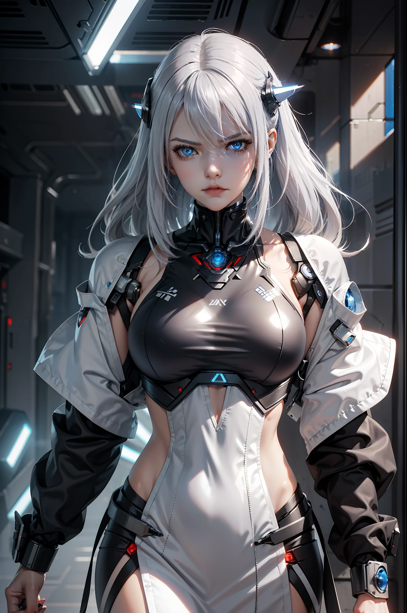 "Cyborg-Mädchen mit Schwert，silberne Haare und blaue Augen，Sci-Fi-Tapete，azur lane style，Cyberpunk mech girl，Wütende Cyborg-Frau，Kaputter schöner Roboter，SSSS.Gridman-Stil (2018)"