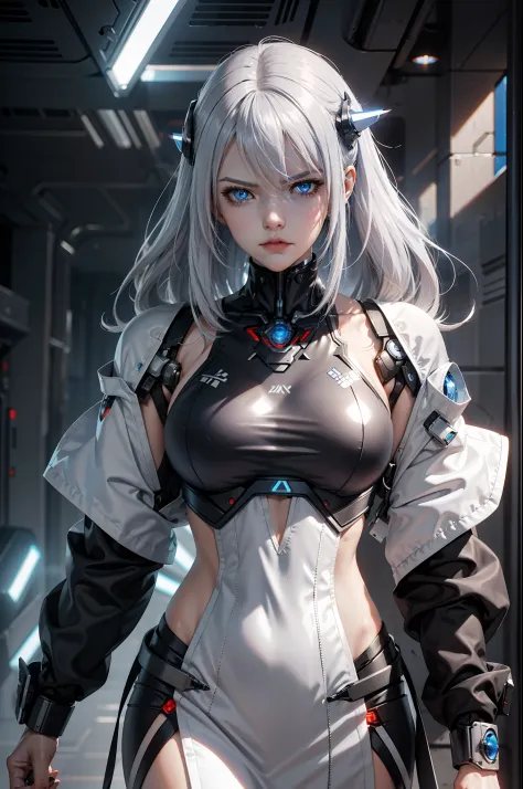 "Cyborg girl with sword，Silver hair and blue eyes，Sci-fi wallpaper，azur lane style，Cyberpunk mech girl，Angry cyborg woman，Broken beautiful robot，SSSS.Gridman style (2018)"