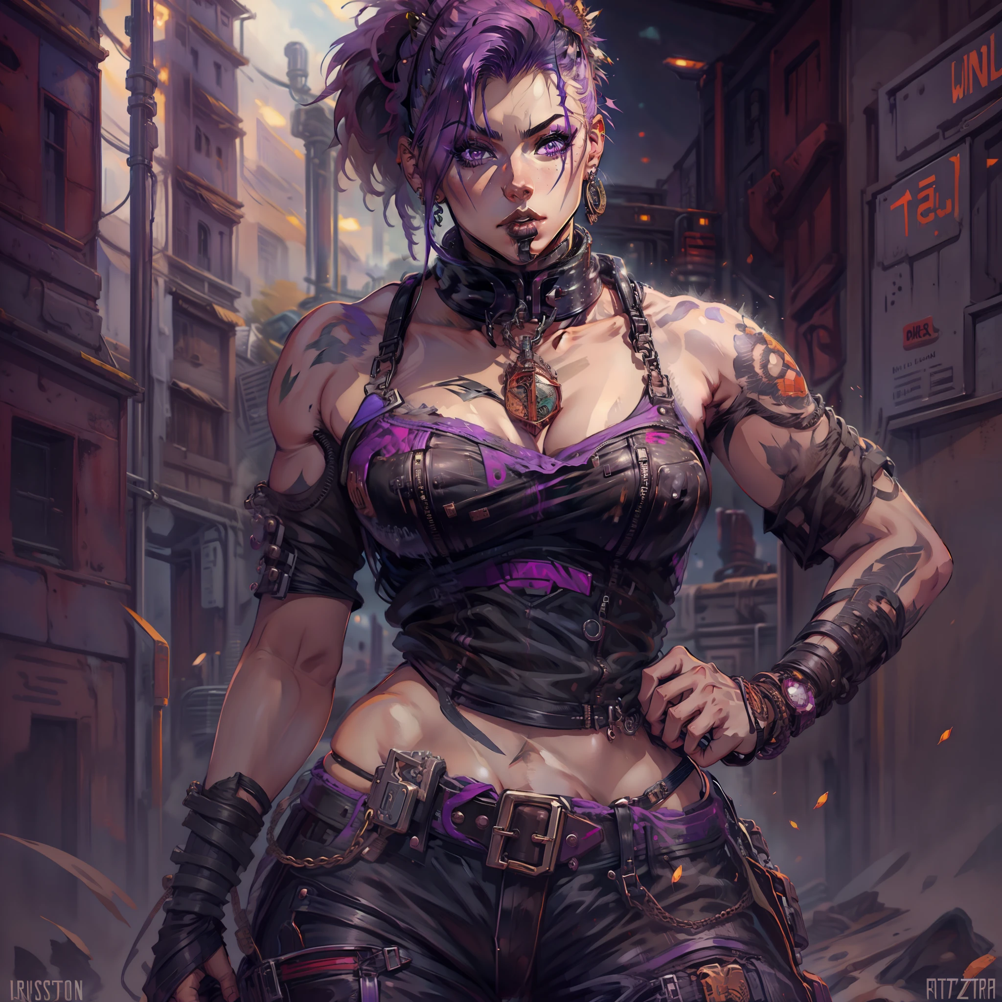 female with short shaved purple hair, villain, wearing casual desert punk clothing, has lower lip stud piercings, muscular, abs visible, wearing metal collar, has muscled, wearing black lipstick, amazonian, has large muscles, solo, alone