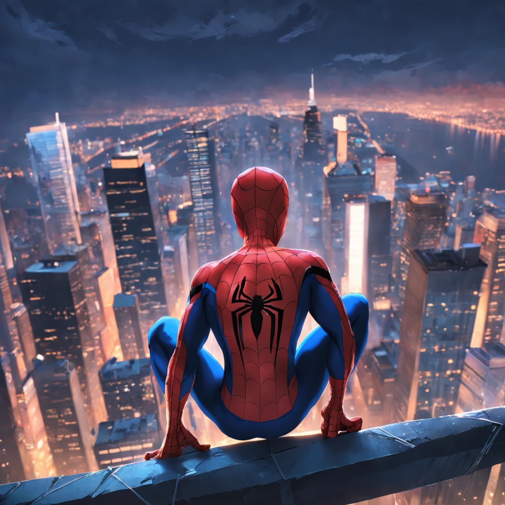 Spider Man ((ohne Maske)) auf einem Wolkenkratzer, fantastisches Bild,  Nahaufnahme, Filmszene, 8 TAUSEND - SeaArt AI