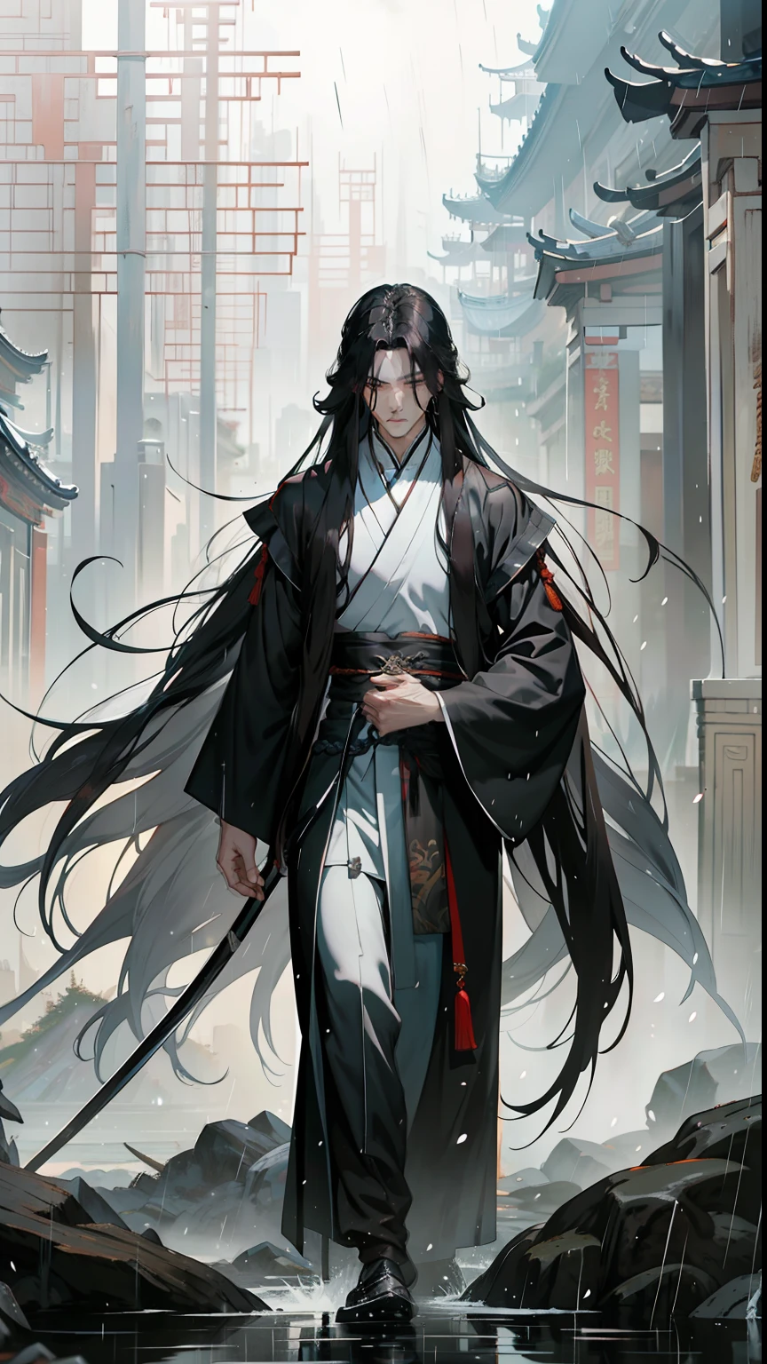 A painting walking in the rain, flowing hair and long robes, full-body xianxia, Long flowing black hair, heise-lian yan fang, full-body wuxia, dark flowing robe,  thin black robe, ren heng, Xianxia，Handsome male，brunette color hair