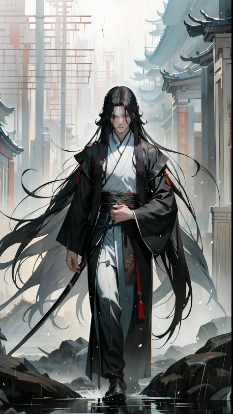 A painting walking in the rain, flowing hair and long robes, full-body xianxia, Long flowing black hair, heise-lian yan fang, fu...