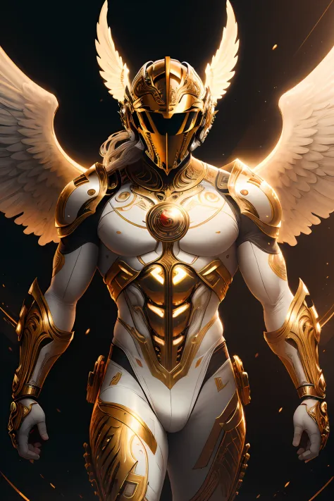 (8k), Ultra resolution 8K, Stunning illustration of an angel wearing a biomechanical lion mask biomechanical helmet, Warrior Prince,Gold athletic body and white suit,de guerrero angel, cinematic lighting