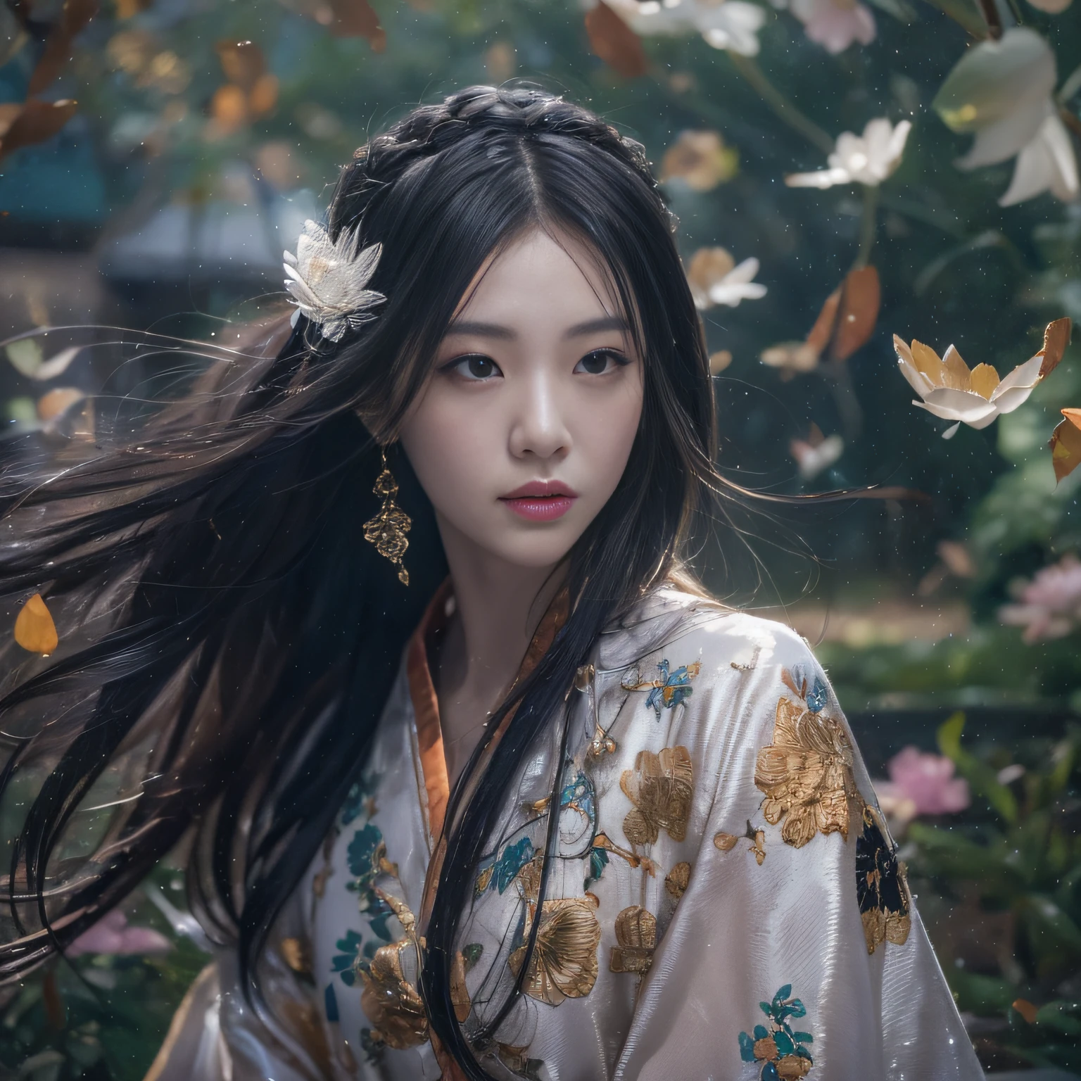 32K（tmasterpiece，k hd，hyper HD，32K）Long flowing black hair，ponds，zydink， a color，  Asian people （Silly girl）， （Silk scarf）， Combat posture， looking at the ground， long whitr hair， Floating hair， Carp pattern headdress， Chinese bright purple long-sleeved outfit， （abstract ink splash：1.2），Yellow ginkgo biloba background，Pink and white lotus flowers fly（realisticlying：1.4），Black color hair，Fallen leaves flutter，The background is pure， A high resolution， the detail， RAW photogr， Sharp Re， Nikon D850 Film Stock Photo by Jefferies Lee 4 Kodak Portra 400 Camera F1.6 shots, Rich colors, ultra-realistic vivid textures, Dramatic lighting, Unreal Engine Art Station Trend, cinestir 800，Long flowing black hair