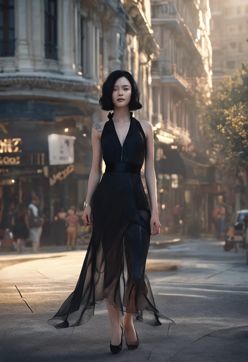 Woman in black dress walking down street in city with buildings - SeaArt AI