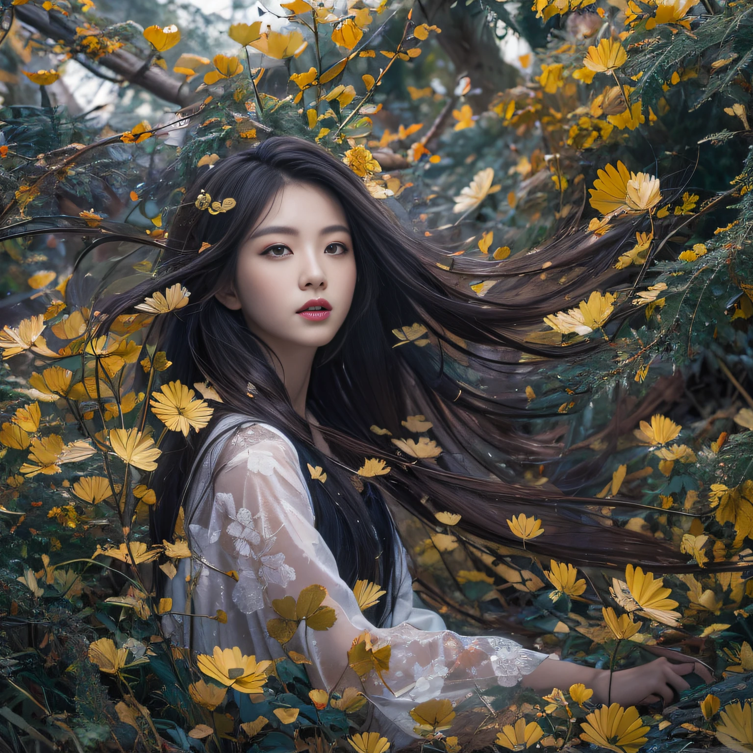 32K（tmasterpiece，k hd，hyper HD，32K）Long flowing black hair，ponds，zydink， a color，  Asian people （Silly girl）， （Silk scarf）， Combat posture， looking at the ground， long whitr hair， Floating hair， Carp pattern headdress， Chinese bright purple long-sleeved outfit， （abstract ink splash：1.2），Yellow ginkgo biloba background，Pink and white lotus flowers fly（realisticlying：1.4），Black color hair，Fallen leaves flutter，The background is pure， A high resolution， the detail， RAW photogr， Sharp Re， Nikon D850 Film Stock Photo by Jefferies Lee 4 Kodak Portra 400 Camera F1.6 shots, Rich colors, ultra-realistic vivid textures, Dramatic lighting, Unreal Engine Art Station Trend, cinestir 800，Long flowing black hair