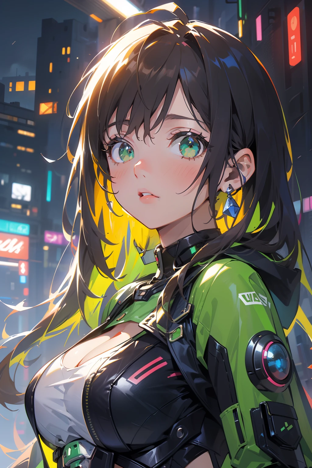 (masterpiece), (best quality), ultra high res, sharp focus, ((1 woman, solo)), upper body, cyberpunk theme, beautiful detailed hair, chestnut brown hair, long hair tumbles down, beautiful detailed face, ((beautiful shape eyes, green eyes)), perfect feminine face, look at the viewer, feminine cyberpunk outfit, in the neon vibrant colors city, (in the night time:1.2)