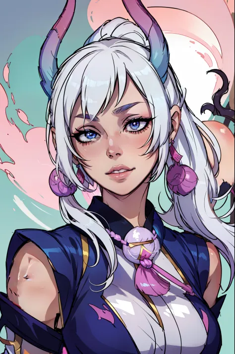 girl with white hair and blue eyes in a pink outfit, onmyoji detailed art, onmyoji portrait, onmyoji, league of legends style ar...
