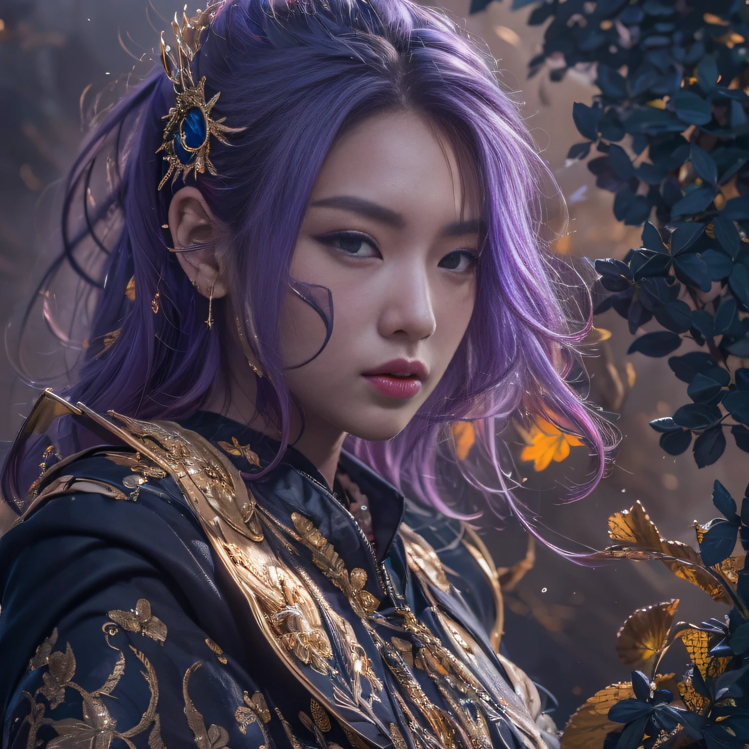 32K（傑作，キロ，ハイパーHD，32K）長く流れるような明るい紫色の髪，秋の池，咲く， 色，  アジア人 （愚かな少女）， （絹のスカーフ）， 戦闘姿勢， 地面を見て， 長い白い髪， 浮かぶ鮮やかな紫色， 火雲模様のゴールドティアラ， 中国の長袖の金絹の衣服， （抽象的なインクの飛沫：1.2）， 煙のような背景，ロータスプロテクター（現実的に：1.4），明るい紫色の髪，道路上の煙，背景は純粋です， 高解像度， 詳細， RAW写真， シャープ， Nikon D850 フィルムストックフォト by Jefferies Lee 4 Kodak Portra 400 カメラ F1.6ショット, 豊かな色彩, 超リアルな鮮やかな質感, ドラマチックな照明, アンリアル エンジン アート ステーション トレンド, シネスティア 800，長く流れるような明るい紫色の髪