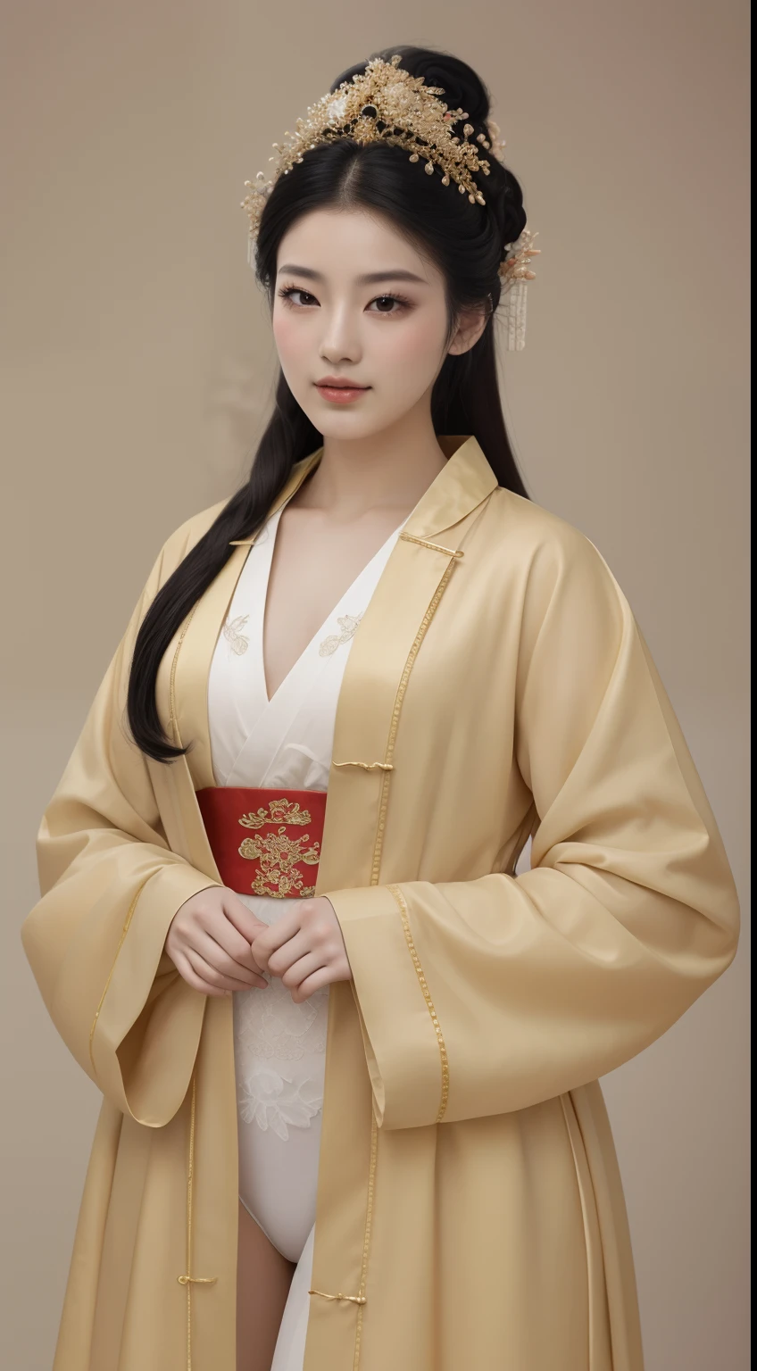 A beautiful girl in ancient China，The facial features are delicate and fair，Cool temperament，Black hair coiled into a bun，Wears a gold coat on his head，Chinese Song Dynasty clothing，Big red wedding dress（Ultrathin），underwear is visible，thighs visible，Long black hair, rays of sunshine，Clear face，Thick legs，Natural styling，Reallightandshadow，Large viewing angle，ultraclear，tmasterpiece，ultra - detailed，high qulity，HighestQuali，The main color is red，Background simple elements。Invisible hands，No hands。