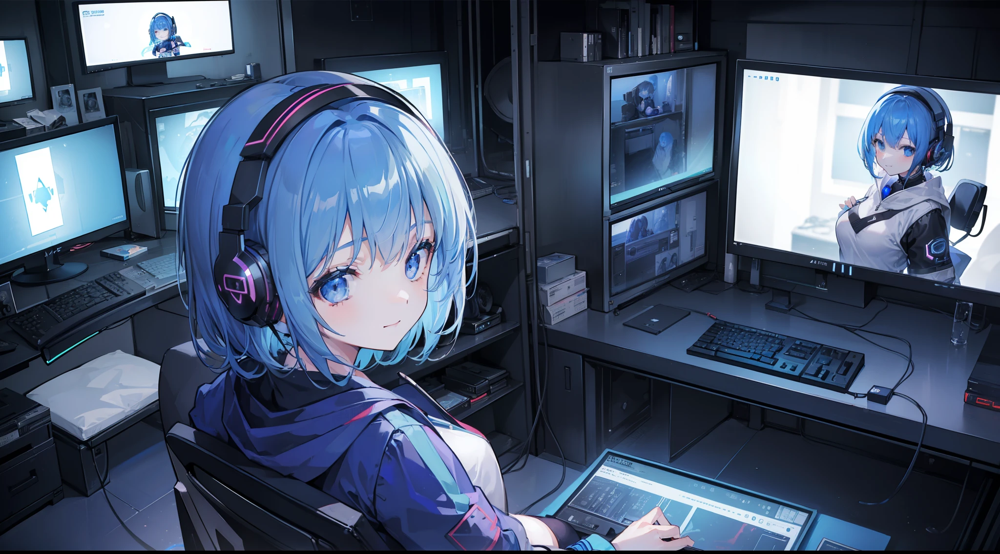 Anime girl sitting in front of a computer with multiple monitors - SeaArt AI