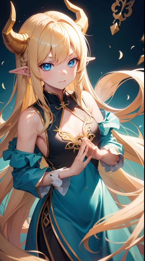 young girl, long blonde hair, dragon horns, Cyan eyes, tight blue chinese dress, neckline on the chest, grudge, little chest, Masterpiece, hiquality