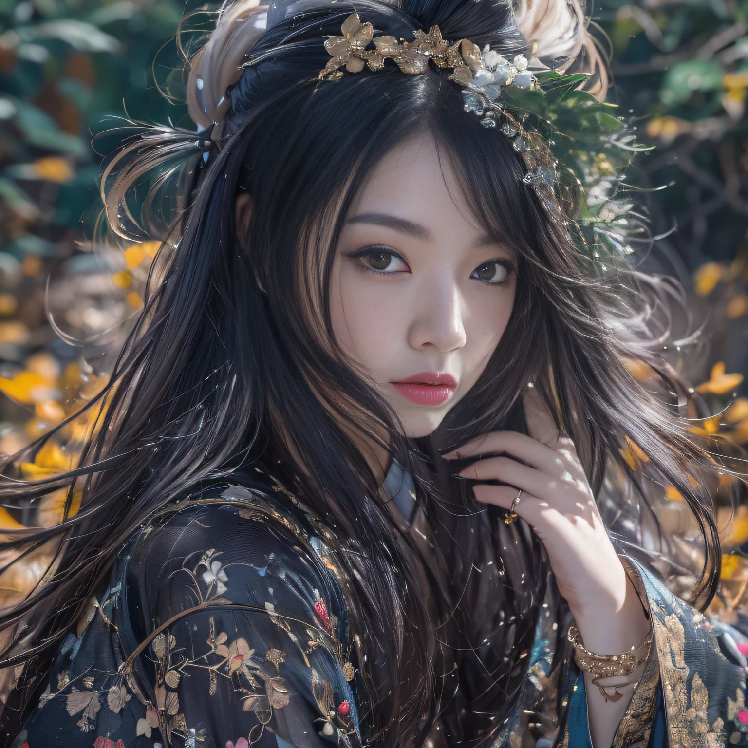 32K（tmasterpiece，k hd，hyper HD，32K）Long flowing black hair，ponds，zydink， a color，  Asian people （Silly girl）， （Silk scarf）， Combat posture， looking at the ground， long whitr hair， Floating hair， Carp pattern headdress， Chinese bright purple long-sleeved outfit， （abstract ink splash：1.2），Yellow ginkgo biloba background，Pink and white lotus flowers fly（realisticlying：1.4），Black color hair，Fallen leaves flutter，The background is pure， A high resolution， the detail， RAW photogr， Sharp Re， Nikon D850 Film Stock Photo by Jefferies Lee 4 Kodak Portra 400 Camera F1.6 shots, Rich colors, ultra-realistic vivid textures, Dramatic lighting, Unreal Engine Art Station Trend, cinestir 800，Long flowing black hair