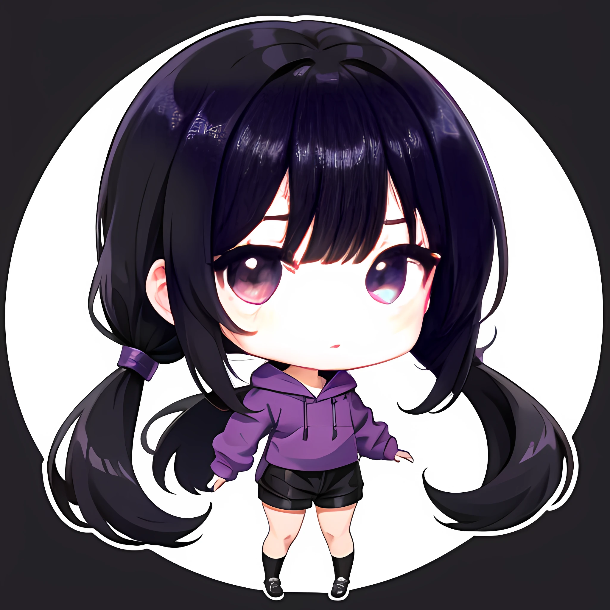 Purple Hoodie、Blunt bangs、One knot、poneyTail、Purple Hoodie、A darK-haired、Purple Parker、、One Woman, solo, (twitch emote:1), chibi,  Black eyes, , comic strip, white backgrounid, a sticker, Thick black outline,、poneyTail、Long Black Hair、Smooth Straight、Shoulder-length clothing、Straight hair、elementary student、full body Esbian、Black eye、Gal clothes、Black shorts、shoulder length hair、mini、chibi Chara、Purple Socks、chibi Chara