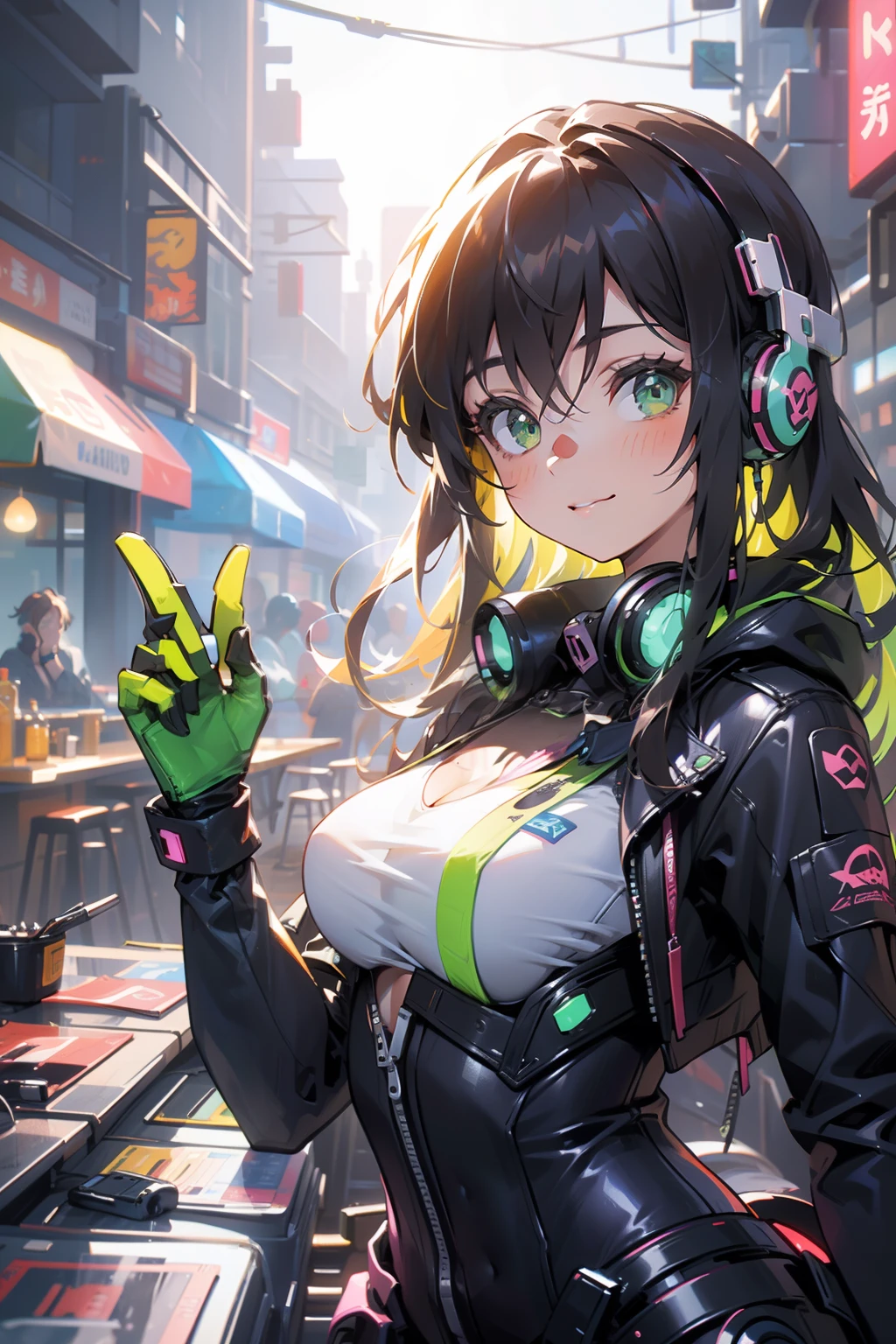 (masterpiece), (best quality), ultra high res, sharp focus, ((1 woman, solo)), upper body, cyberpunk theme, beautiful detailed hair, chestnut brown hair, long hair tumbles down, headphones, beautiful detailed face, ((beautiful shape eyes, green eyes)), perfect feminine face, look at the viewer, smiles, feminine cyberpunk outfit, in the neon vibrant colors restaurant, (in the afternoon time:1.2)