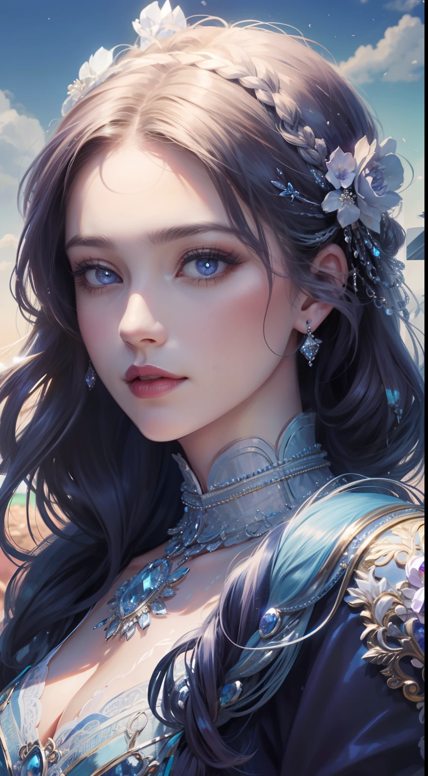 tmasterpiece，Highest high resolution，Dynamic bust of beautiful aristocratic maiden，Braided hair coiled around the hair，Blue-purple clear eyes，The hair is covered with beautiful and delicate floral craftsmanship, Crystal jewelry filigree，Ultra-detailed details，upscaled。