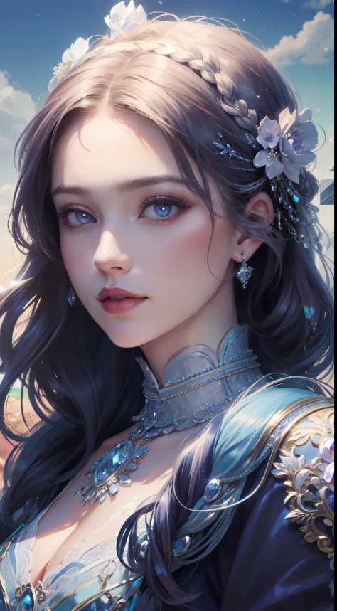 tmasterpiece，Highest high resolution，Dynamic bust of beautiful aristocratic maiden，Braided hair coiled around the hair，Blue-purp...