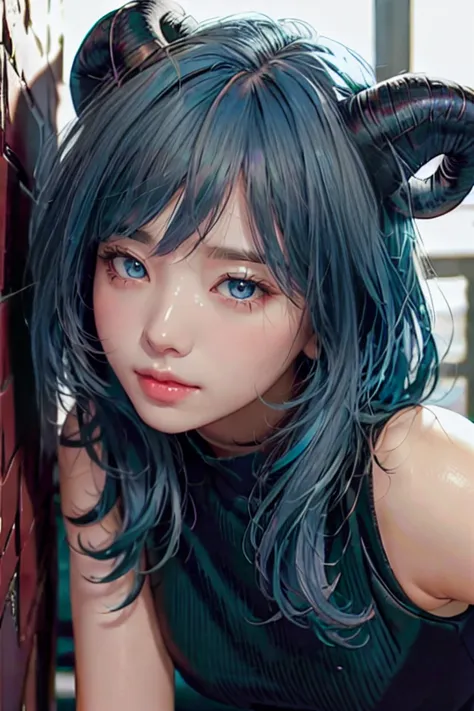 best quality, upper body,intricate details, chromatic aberration,1girl,bangs,blue hair,(goat horns:1.2),ganyu,qipaoganyu,sleevel...