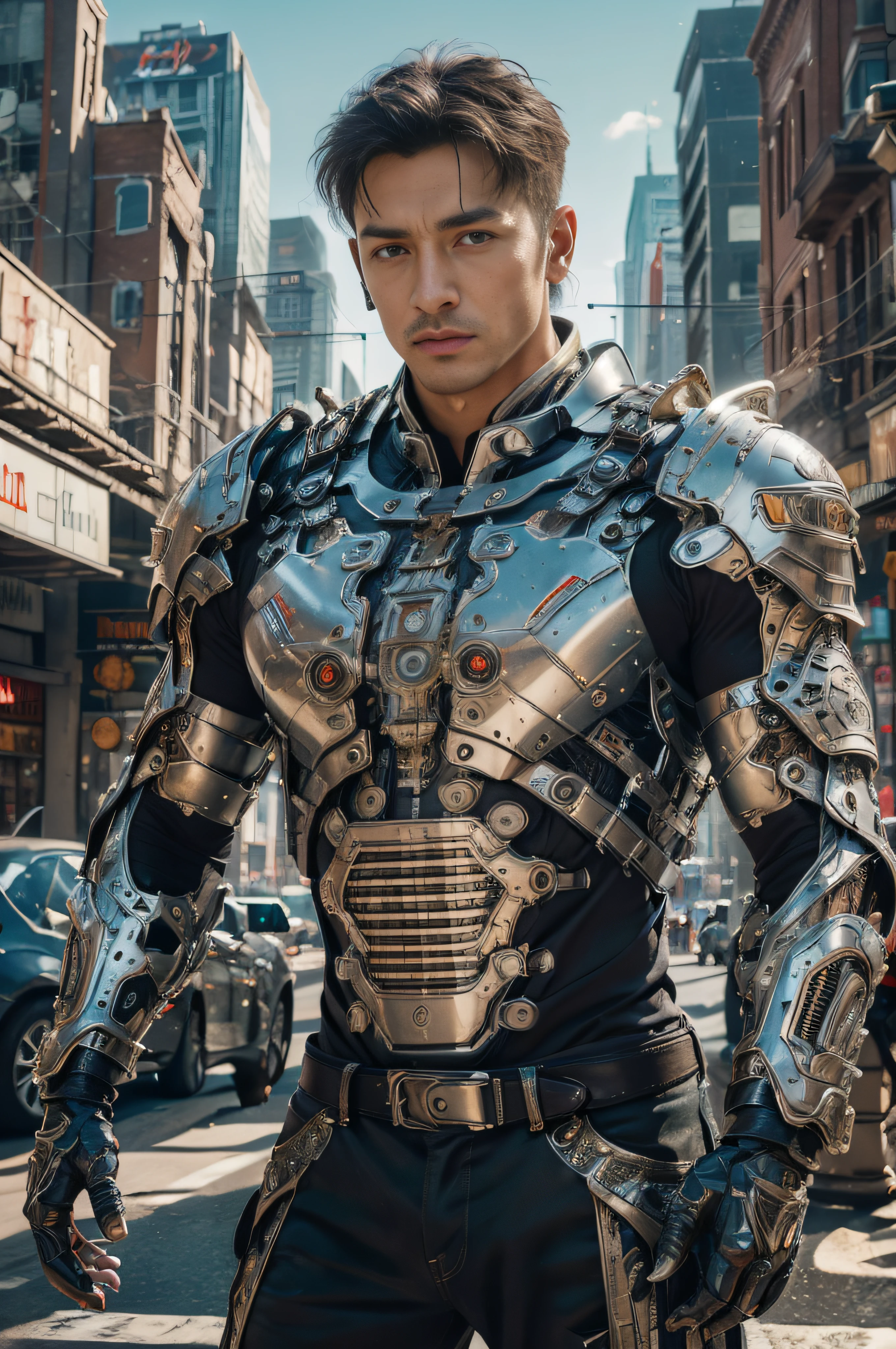 Realistic, ((Masterpiece)), ((Best quality)), (Detailed), Cinematic, Dynamic lighting, soft shade, Detailed background, Professional photography, Depth of field, Intricate, Detailed face, Subsurface scattering, photo-realistic hair, Realistic eyes, Muscular, Manly, buzz cut，Handsome photo (Latino men), Mecha 4RMOR, Wear mechanical Hanfu, Glowing, Dynamic pose, Futuristic, Futuristic city, street, stubbles, Pants,